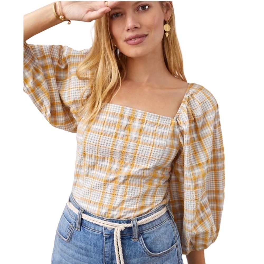 Anthropologie Maeve Plaid Square-Neck Blouse